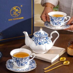 Blue & White Gilt Bone China Tea Set Gift Box