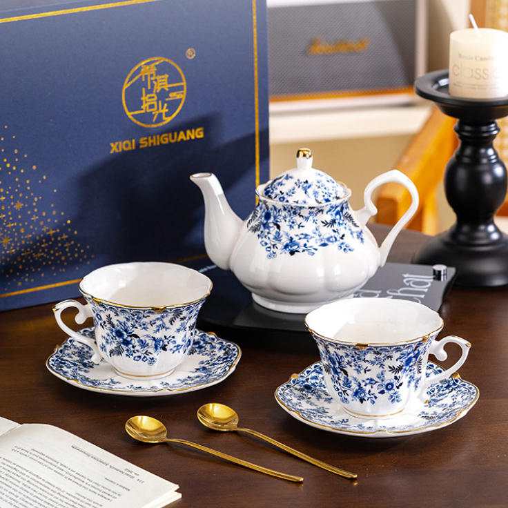 Blue & White Gilt Bone China Tea Set Gift Box