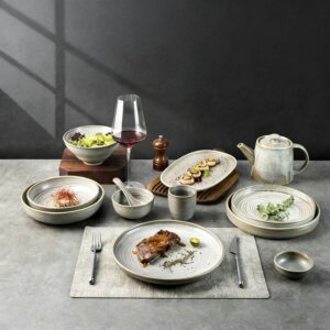 Light Gray Kiln-Change Glaze Ceramic Tableware Set with Spiral Texture