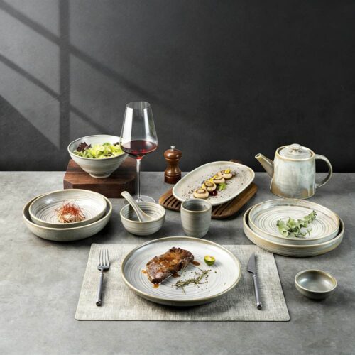 Light Gray Kiln-Change Glaze Ceramic Tableware Set with Spiral Texture