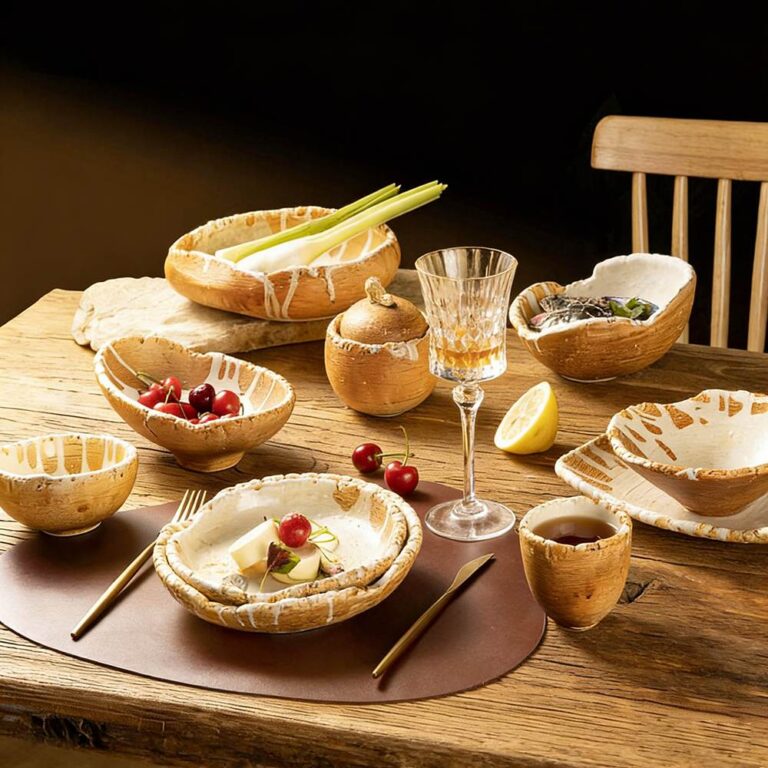 Handcrafted Coarse Pottery Tableware Set with White Glaze Streaks