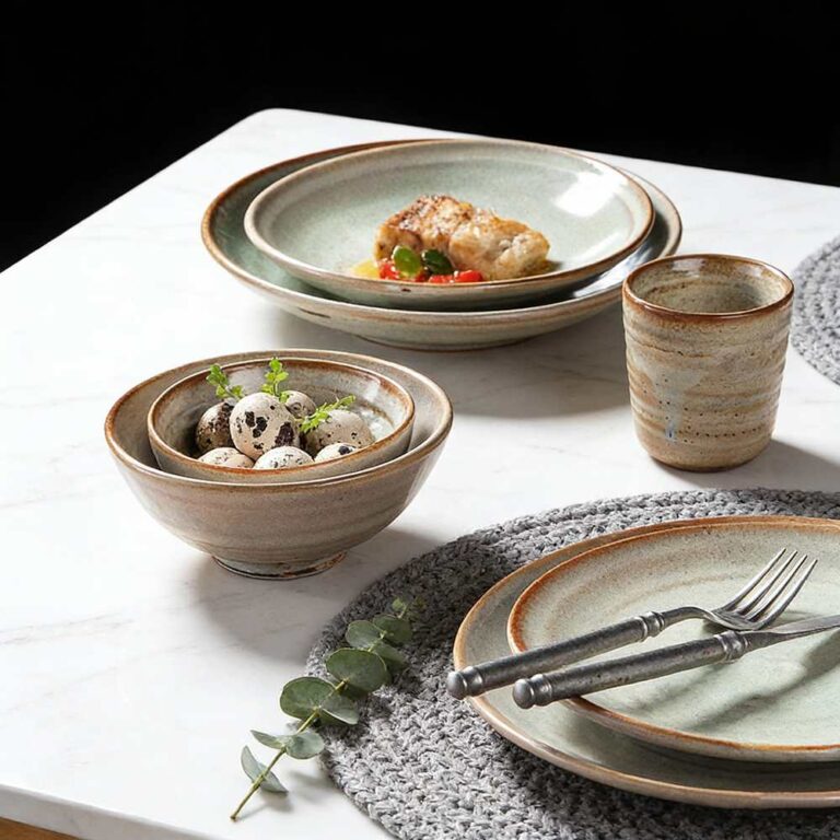 Light Celadon Gray Kiln-Change Glaze Ceramic Dinnerware Set