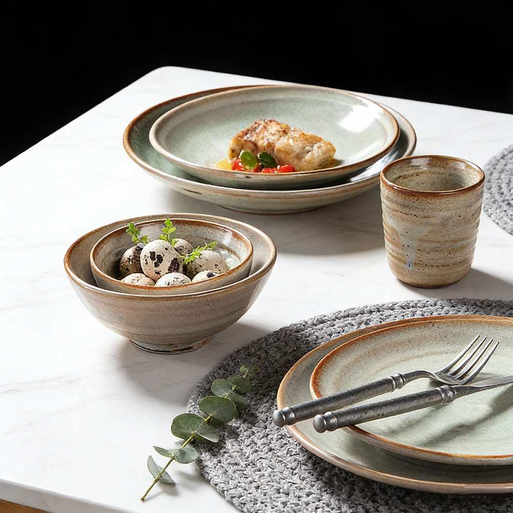 Light Celadon Gray Kiln-Change Glaze Ceramic Dinnerware Set