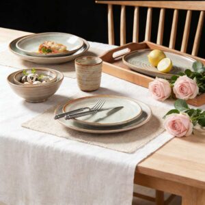 Light Celadon Gray Kiln-Change Glaze Ceramic Dinnerware Set