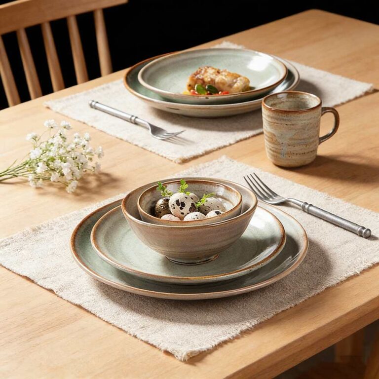 Light Celadon Gray Kiln-Change Glaze Ceramic Dinnerware Set