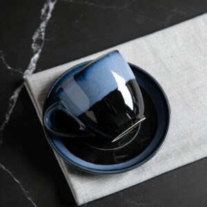 Deep Sea Blue Gradient Kiln-Change Glaze Ceramic Coffee Cup & Saucer Set
