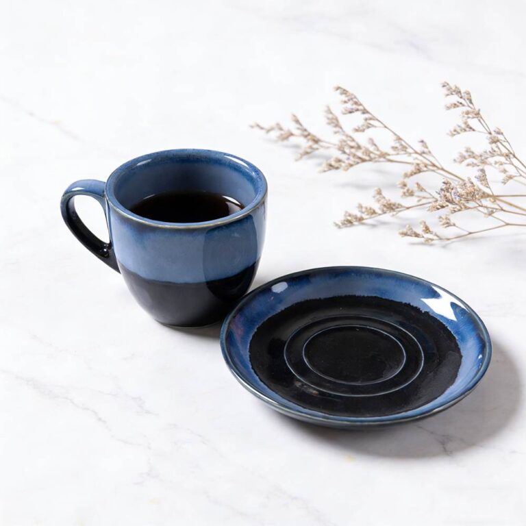 Deep Sea Blue Gradient Kiln-Change Glaze Ceramic Coffee Cup & Saucer Set