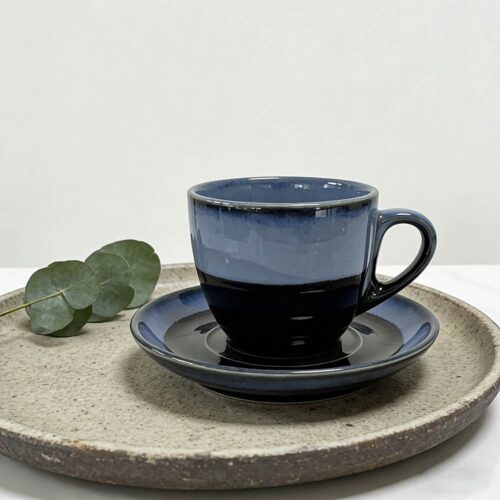 Deep Sea Blue Gradient Kiln-Change Glaze Ceramic Coffee Cup & Saucer Set