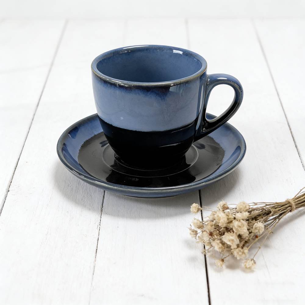 Deep Sea Blue Gradient Kiln-Change Glaze Ceramic Coffee Cup & Saucer Set