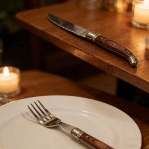 Sharp Serrated Steak Knife and Fork Set - Stainless Steel with Retro Wood-Grain Handle