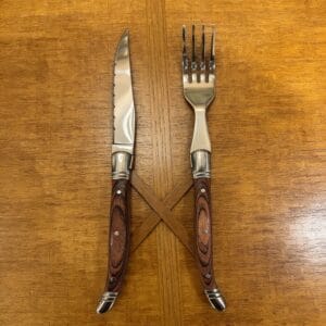 Sharp Serrated Steak Knife and Fork Set - Stainless Steel with Retro Wood-Grain Handle