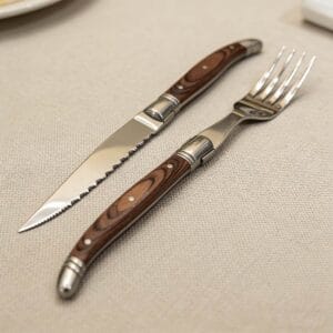 Sharp Serrated Steak Knife and Fork Set - Stainless Steel with Retro Wood-Grain Handle