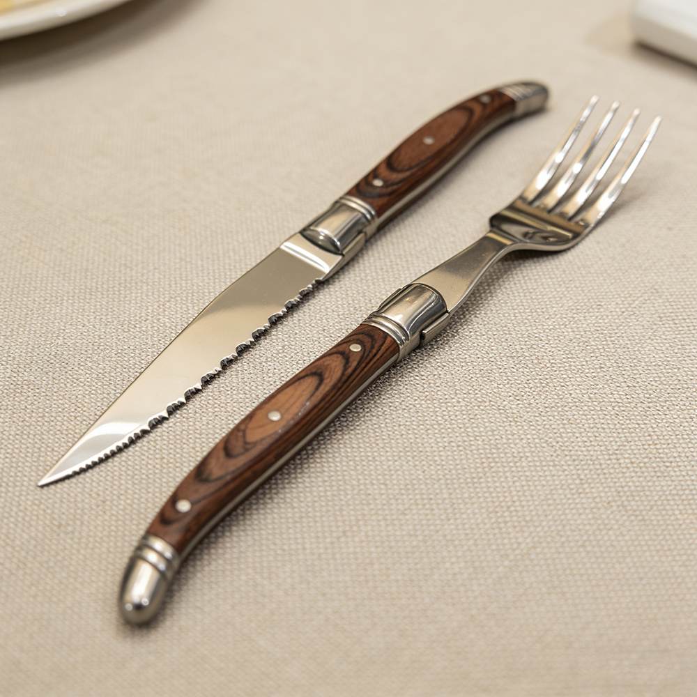 Sharp Serrated Steak Knife and Fork Set - Stainless Steel with Retro Wood-Grain Handle