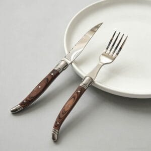 Sharp Serrated Steak Knife and Fork Set - Stainless Steel with Retro Wood-Grain Handle