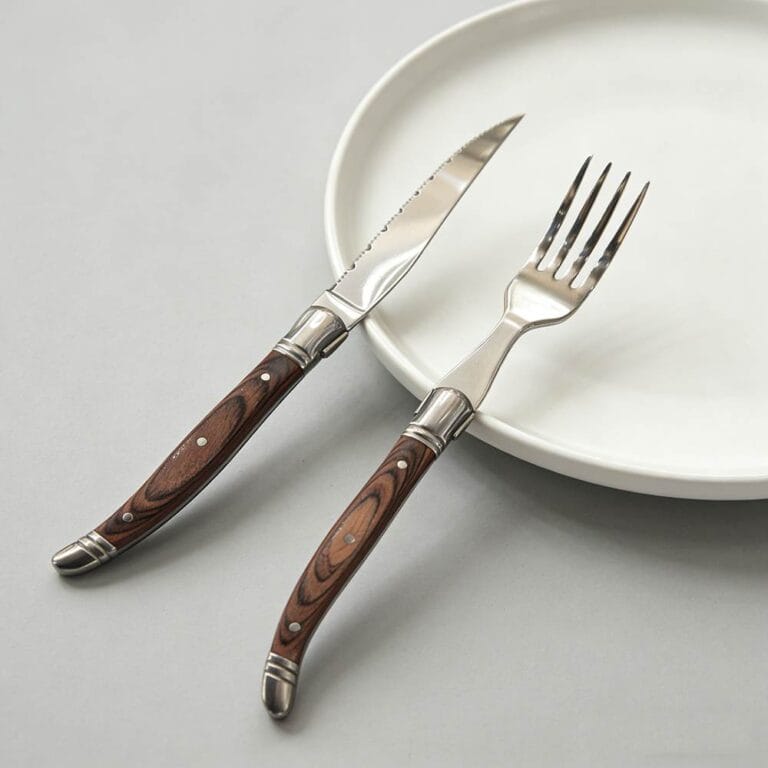 Sharp Serrated Steak Knife and Fork Set - Stainless Steel with Retro Wood-Grain Handle