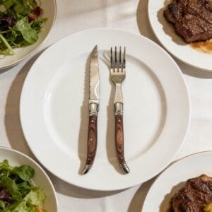 Sharp Serrated Steak Knife and Fork Set - Stainless Steel with Retro Wood-Grain Handle