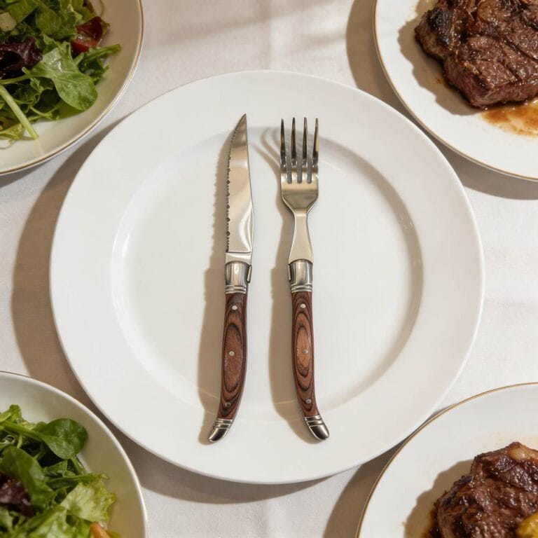 Sharp Serrated Steak Knife and Fork Set - Stainless Steel with Retro Wood-Grain Handle