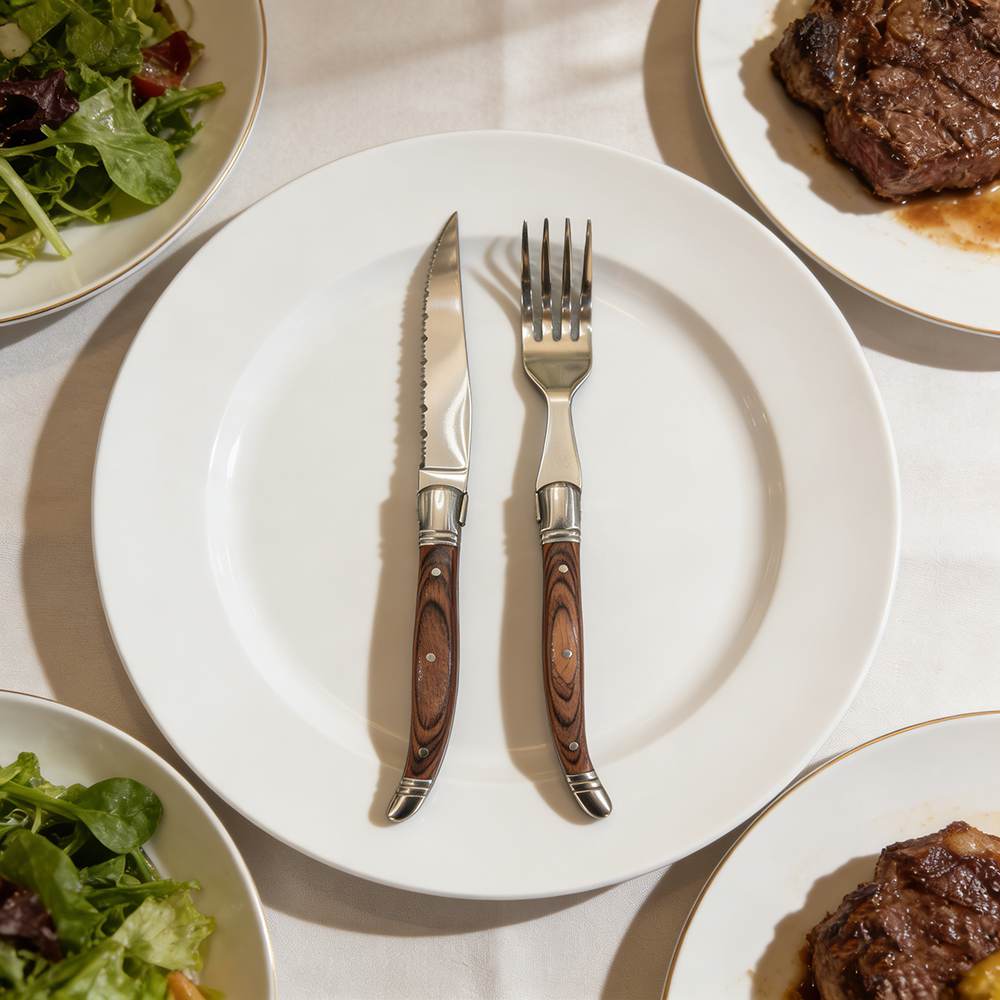 Sharp Serrated Steak Knife and Fork Set - Stainless Steel with Retro Wood-Grain Handle