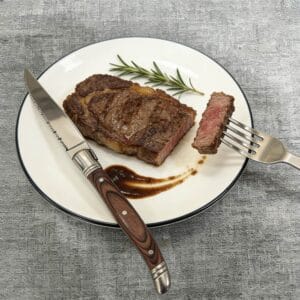 Sharp Serrated Steak Knife and Fork Set - Stainless Steel with Retro Wood-Grain Handle