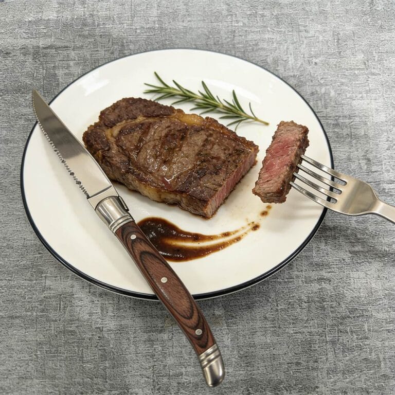 Sharp Serrated Steak Knife and Fork Set - Stainless Steel with Retro Wood-Grain Handle