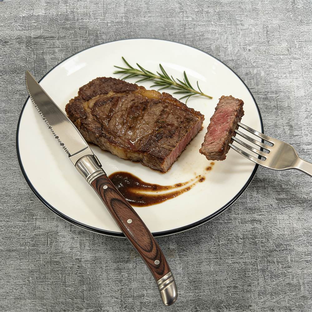 Sharp Serrated Steak Knife and Fork Set - Stainless Steel with Retro Wood-Grain Handle