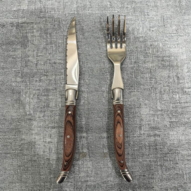 Sharp Serrated Steak Knife and Fork Set - Stainless Steel with Retro Wood-Grain Handle