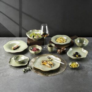 Light Moss Green Matte Glaze Ceramic Tableware Set with Gold Rim - Irregular Petal Plates & Bowls