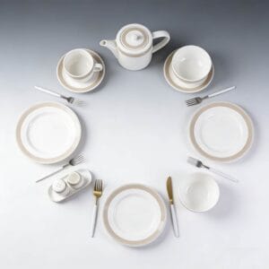 White Porcelain Dinnerware Set with Light Coffee Wide Trim