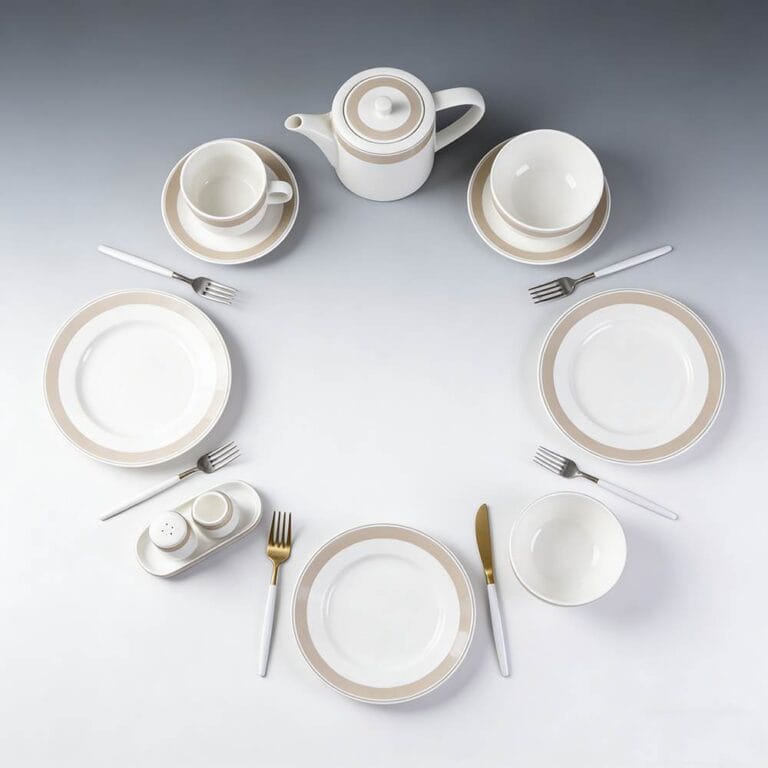 White Porcelain Dinnerware Set with Light Coffee Wide Trim