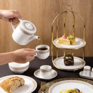 White Porcelain Dinnerware Set with Light Coffee Wide Trim