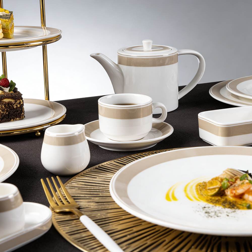 White Porcelain Dinnerware Set with Light Coffee Wide Trim