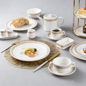 White Porcelain Dinnerware Set with Light Coffee Wide Trim