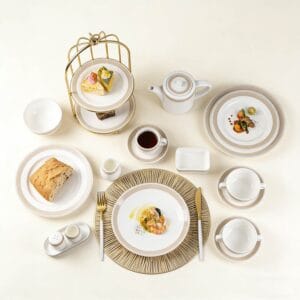 White Porcelain Dinnerware Set with Light Coffee Wide Trim