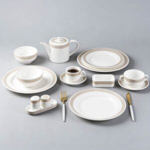 White Porcelain Dinnerware Set with Light Coffee Wide Trim