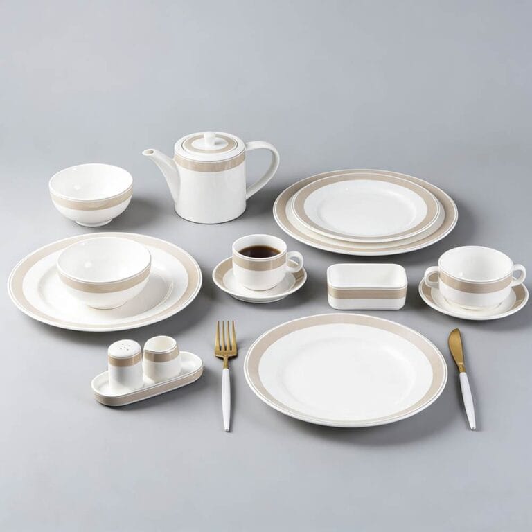 White Porcelain Dinnerware Set with Light Coffee Wide Trim