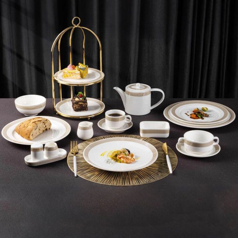 White Porcelain Dinnerware Set with Light Coffee Wide Trim