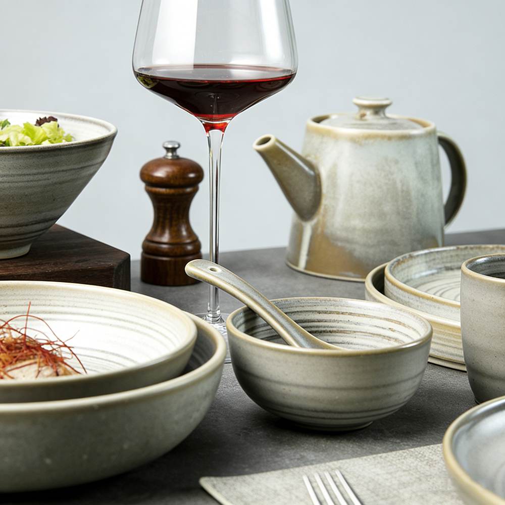 Light Gray Kiln-Change Glaze Ceramic Tableware Set with Spiral Texture