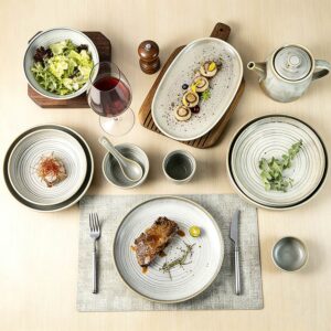 Light Gray Kiln-Change Glaze Ceramic Tableware Set with Spiral Texture