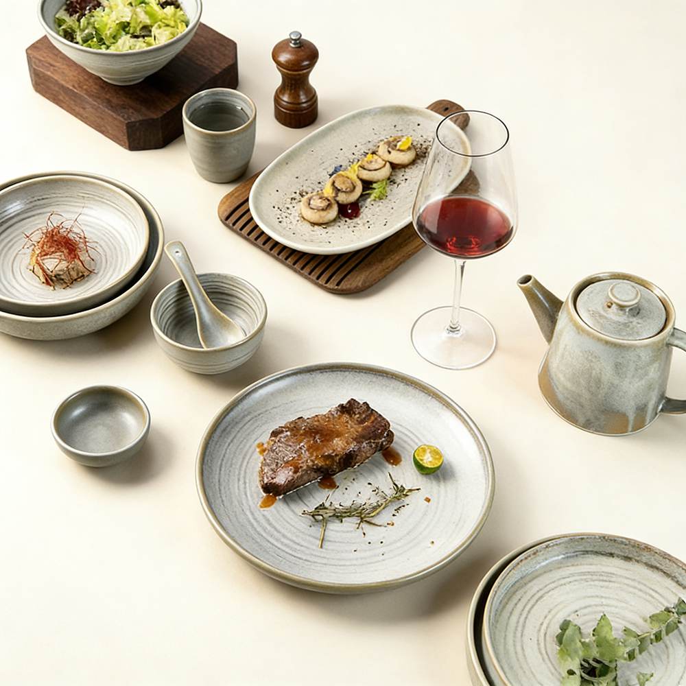 Light Gray Kiln-Change Glaze Ceramic Tableware Set with Spiral Texture