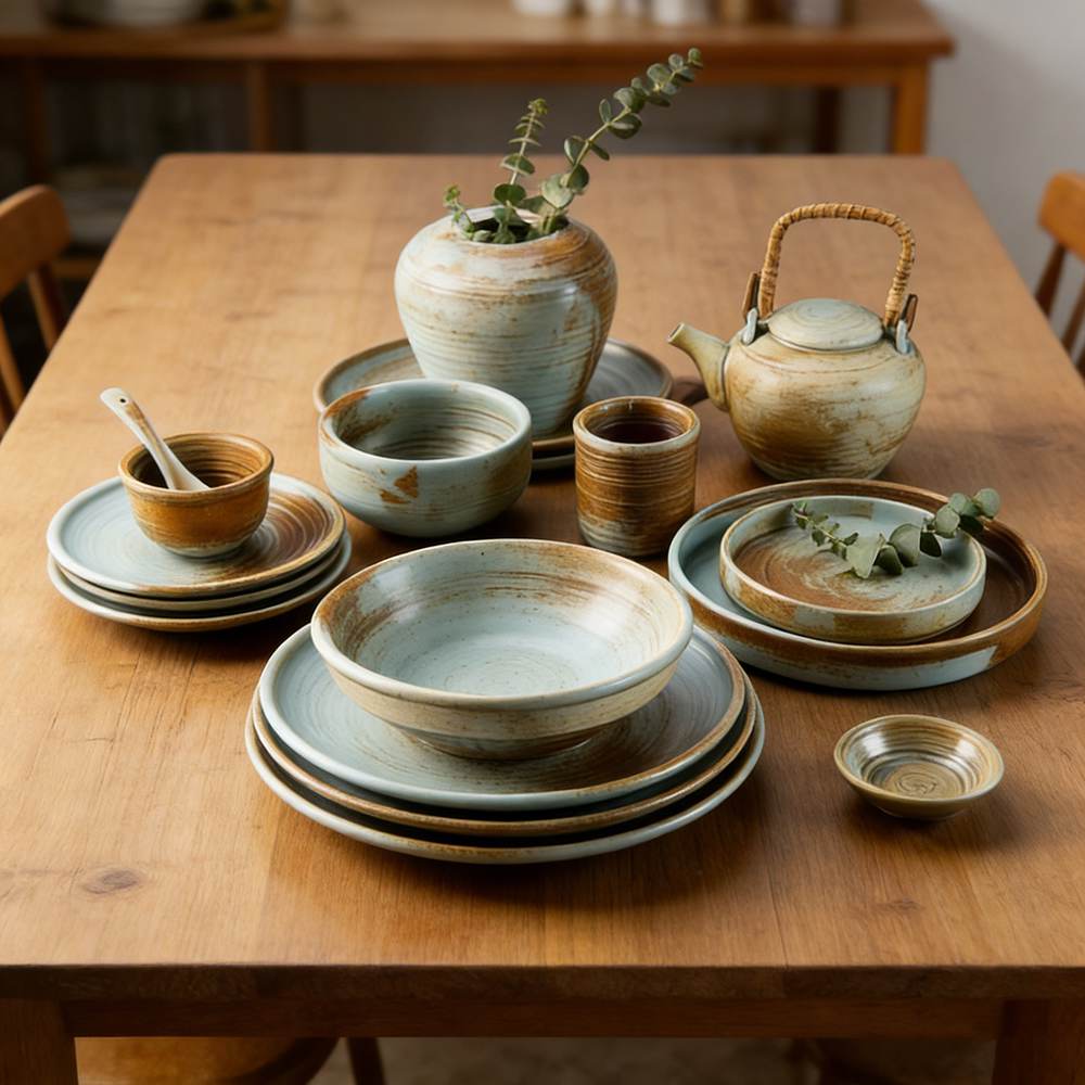 Turquoise-Yellow Gradient Kiln-Change Glaze Ceramic Dinnerware Set