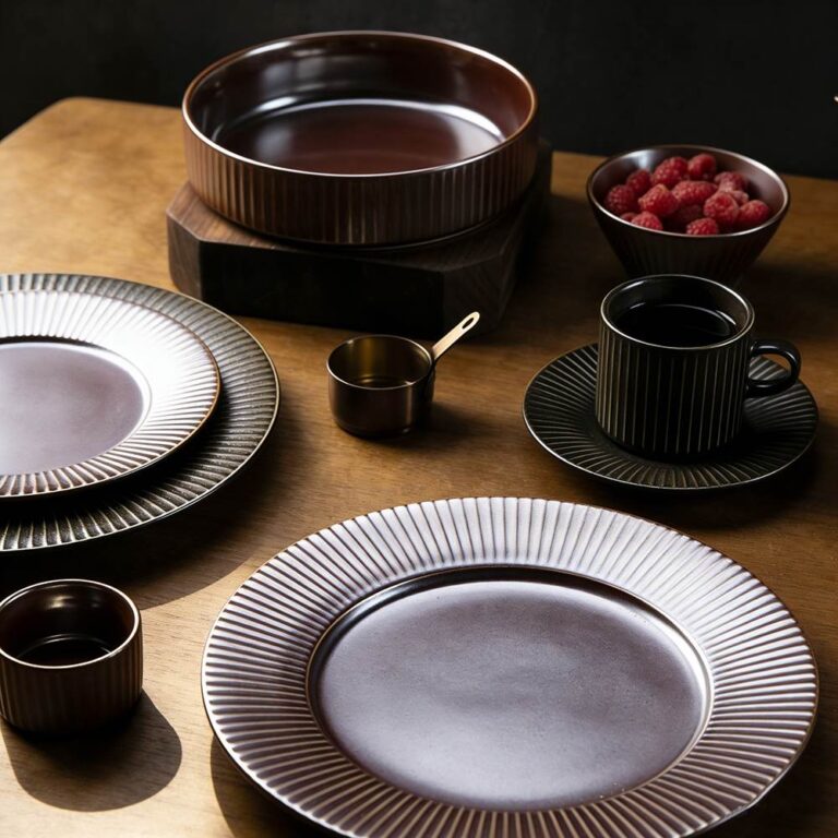Dark Brown/Black Vertical-Stripe Matte Glaze Ceramic Dinnerware Set