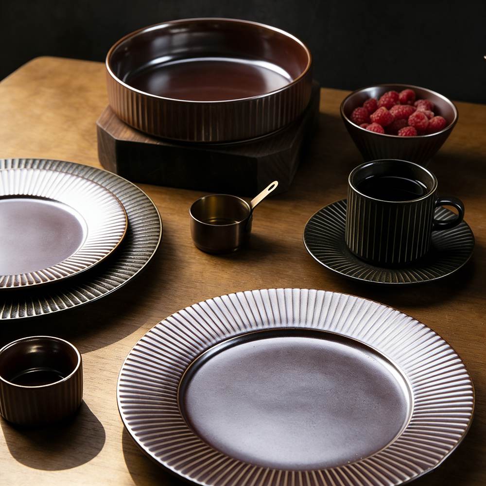 Dark Brown/Black Vertical-Stripe Matte Glaze Ceramic Dinnerware Set