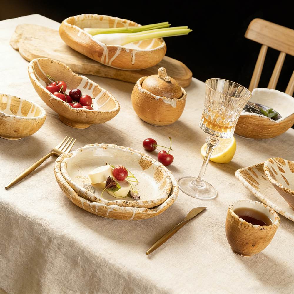 Handcrafted Coarse Pottery Tableware Set with White Glaze Streaks