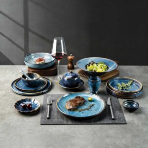 Deep Sea Blue Kiln-Change Glaze Ceramic Tableware Set Reto Japanese Style Plates & Bowls