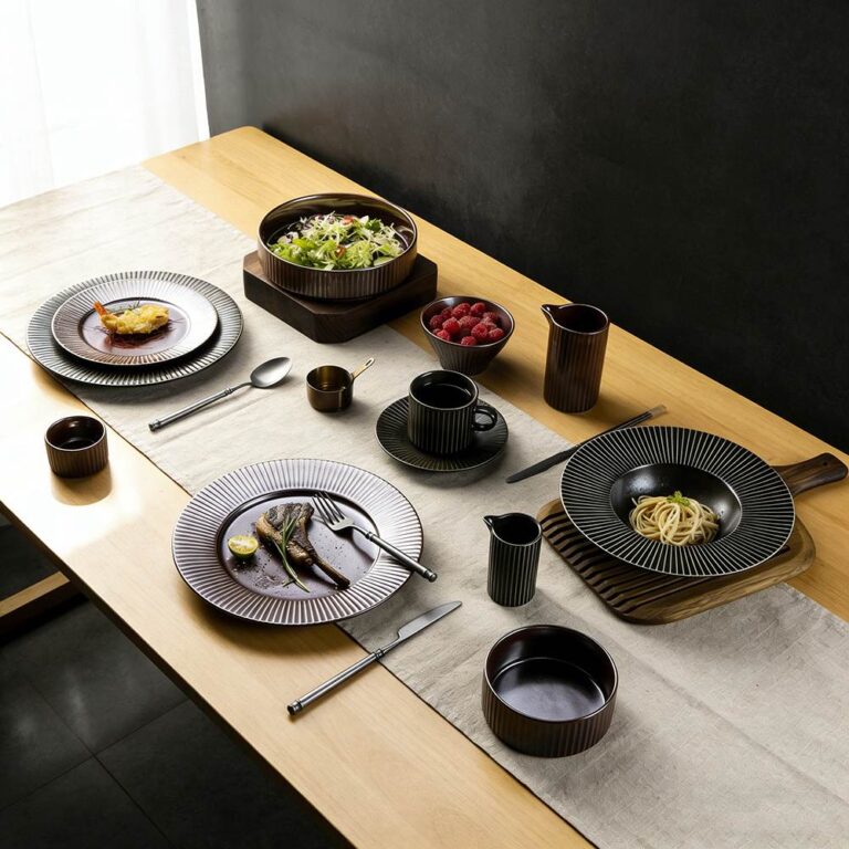 Dark Brown/Black Vertical-Stripe Matte Glaze Ceramic Dinnerware Set