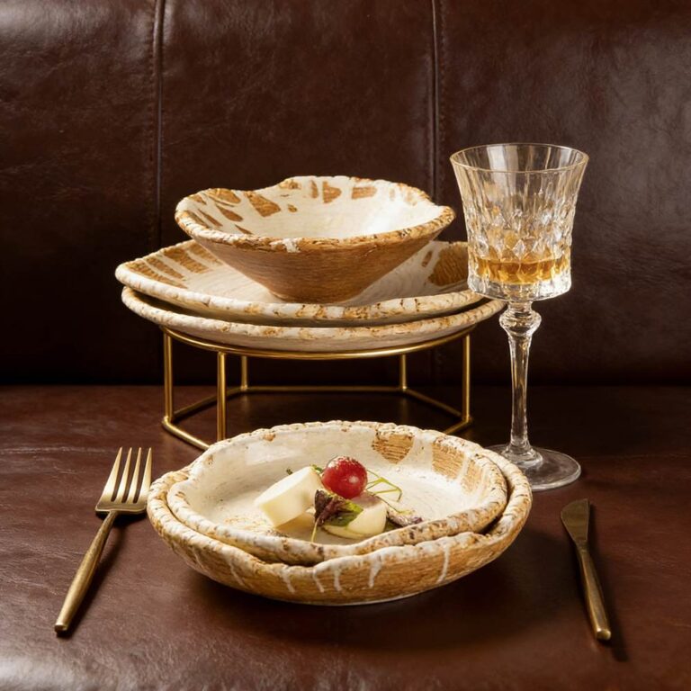 Handcrafted Coarse Pottery Tableware Set with White Glaze Streaks