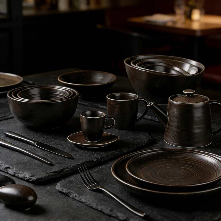 Product Description This tableware set centers on dark brown kiln-change glaze + vintage spiral pattern design, crafted from ceramic. The glaze presents a rich dark brown kiln-change finish paired with understated spiral textures, fitting the dining scenarios of dark-style Western restaurants, Japanese izakayas, and industrial-style home tables, infusing a calm and high-end atmosphere into meals. It blends aesthetics with functionality: The dark brown kiln-change glaze features a vintage matte texture, combining uniqueness and quality; the spiral pattern details enhance visual layers and suit serving diverse dishes like grilled meat, sushi, and thick soups; the multi-vessel combination (plates, bowls, teapots, cups) covers scenarios like formal meals and tea service. Matching with same-color cutlery creates a unified style. Whether for distinctive serving in restaurants or quality family gatherings, this tableware set becomes a textured highlight on the dining table with its calm vintage style.