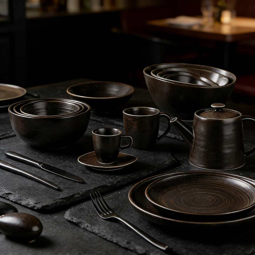 Product Description This tableware set centers on dark brown kiln-change glaze + vintage spiral pattern design, crafted from ceramic. The glaze presents a rich dark brown kiln-change finish paired with understated spiral textures, fitting the dining scenarios of dark-style Western restaurants, Japanese izakayas, and industrial-style home tables, infusing a calm and high-end atmosphere into meals. It blends aesthetics with functionality: The dark brown kiln-change glaze features a vintage matte texture, combining uniqueness and quality; the spiral pattern details enhance visual layers and suit serving diverse dishes like grilled meat, sushi, and thick soups; the multi-vessel combination (plates, bowls, teapots, cups) covers scenarios like formal meals and tea service. Matching with same-color cutlery creates a unified style. Whether for distinctive serving in restaurants or quality family gatherings, this tableware set becomes a textured highlight on the dining table with its calm vintage style.