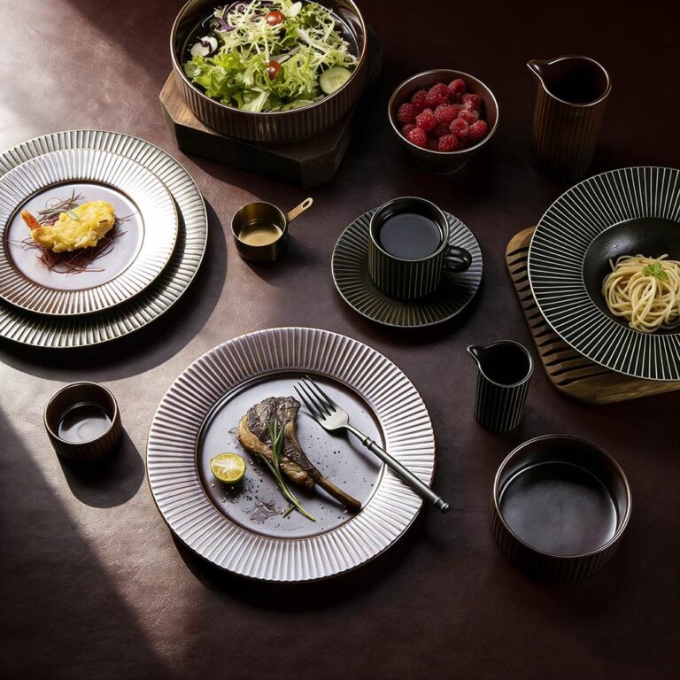 Dark Brown/Black Vertical-Stripe Matte Glaze Ceramic Dinnerware Set