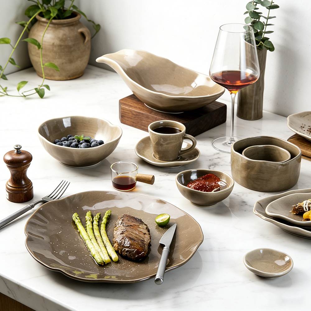 Light Brown Matte Glaze Irregular Shaped Ceramic Dinnerware Set
